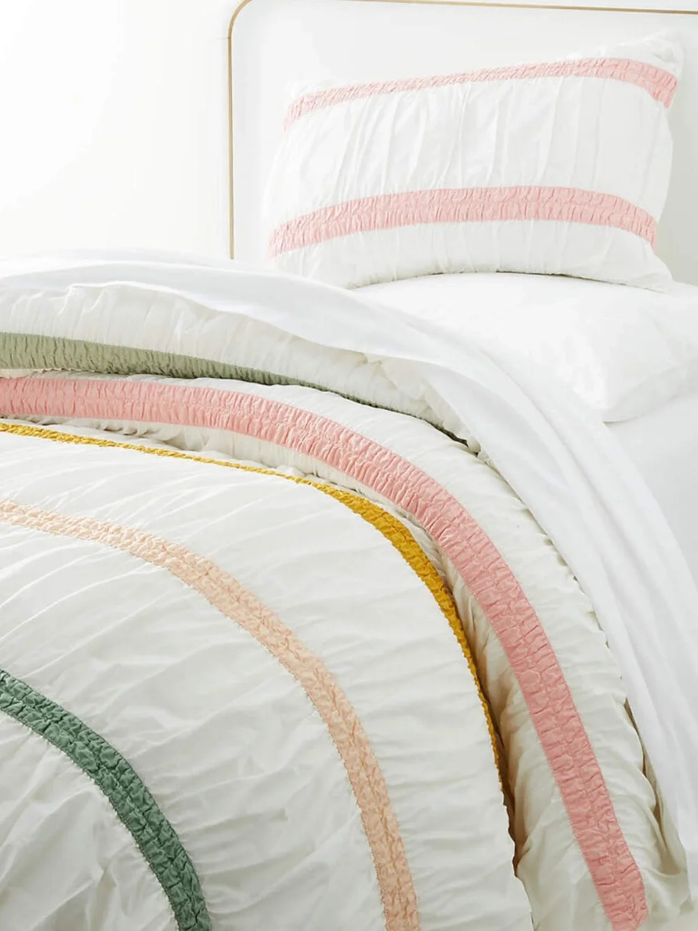 Crate&Barrel Kids White Duvet Cover with Green, Pink, Mustard, and Sage Stripes